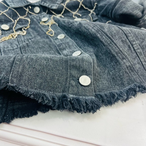Thrill Jeans Y2K Women's Dark Gray Rhinestone Tassels Cropped Denim Jacket Large - Picture 14 of 15